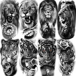 8pcs Black Wolf, Lion, Tiger Temporary Tattoos For Women & Adult, Half Sleeve Male Tattoo, Sticker Tattoo, Dragon, Black Gang Eye Totem, Fake Tattoo Sticker, Flower, Compass Black Friday Waterproof