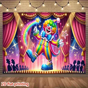 1pc Clown Theme Party Banner Vibrant Purple, Blue, Golden, Green, Red, Yellow, Black with Rainbow, Pink Curtains, Stars - Durable Polyester Fabric for Birthday, Circus, Carnival, Theater Party Decor - Indoor/Outdoor Backdrop