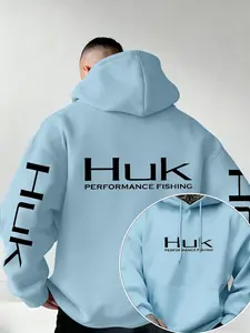 Men's Huk Letter Print Hoodie, Long Sleeve, Soft Stretch Knit Fabric, Casual Fitted Style, All Seasons Wear, Fun Fashion Essential for Young Men