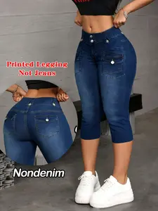 Women's Printed Skinny Seven-Quarter Pants, Elastic Fake Jeans Style, All Season Casual & Formal Wear, Durable