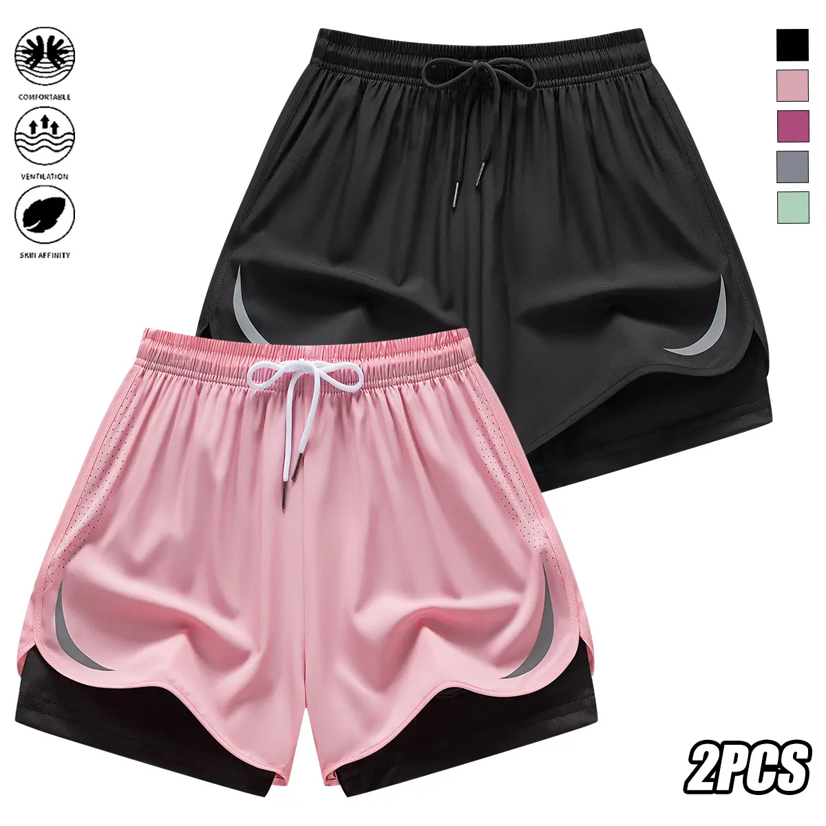 JOGWAVE 2PCS American-style running shorts — quick-drying, breathable, moisture-wicking; suitable for sports, casual yoga, and beach wear; designed specifically for women; an ideal choice for marathons; no pockets; a must-have for back-to-school shopping.
