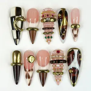 Brown Gold Luxe Press On Nails | Sculptural Ring Nail Art | Luxury Jewelry Inspired Nails | High Fashion Press Ons