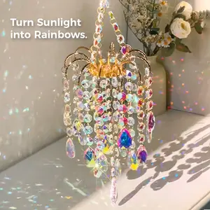 16 Inch/42cm Gold Crystal Sun Catcher | Rainbow Maker Window Decor.Creates dancing rainbows on walls. Gold metal frame with artificial crystals. great gardening Multicolored Designs Decoration Hangable，rain box chime unique large memorial wind chime