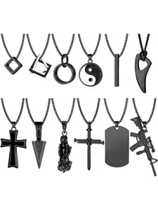 12pcs Cool Goth Necklace Set for Men Boy Black Necklace Jewelry Gifts Funky Cross Dog Tag Yin Yang Triangle Pendant Chain Necklace Set