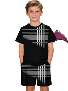 Boys' Casual Sports Set, All over Print Track Shorts & Top, Fitted Design for Running & Playing, Ages 5-14, Trendy Youthwear