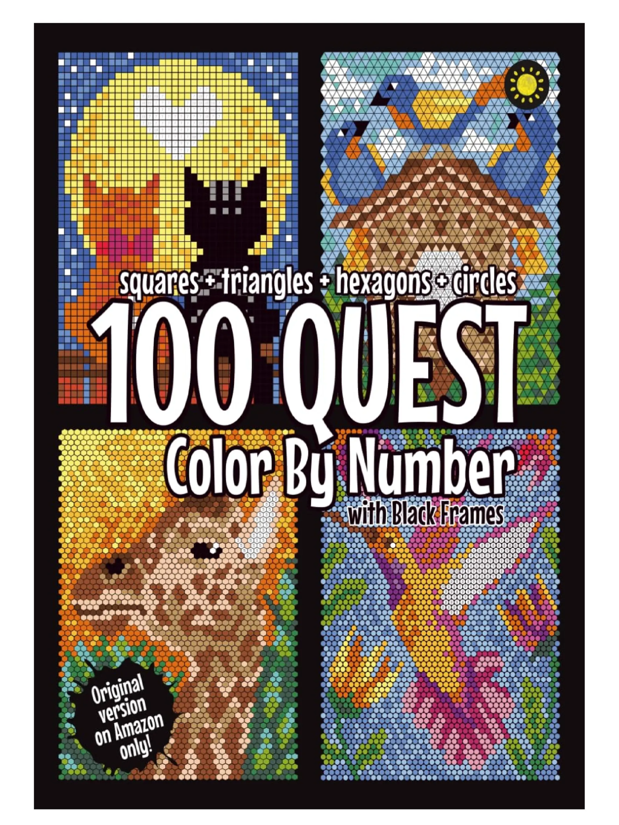 100 QUEST Mosaic Color By Number Activity Book - Shapes: Squares, Triangles, Hexagons, Circles - Coloring Book Gift for Adults, Kids