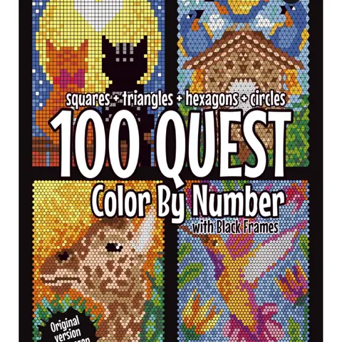 100 QUEST Mosaic Color By Number Activity Book - Shapes: Squares, Triangles, Hexagons, Circles - Coloring Book Gift for Adults, Kids