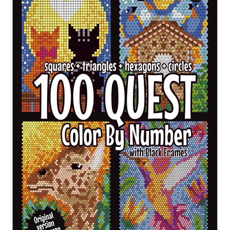 100 QUEST Mosaic Color By Number Activity Book - Shapes: Squares, Triangles, Hexagons, Circles - Coloring Book Gift for Adults, Kids