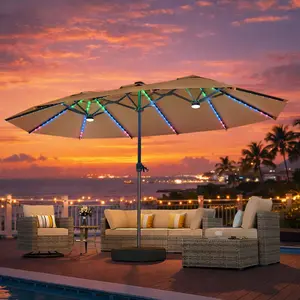 CAODOC 15ft Extra Large Double Sided Rectangular Patio Umbrella with Base Included, Solar Powered 36 LED Lighted Shade Canopy, Outdoor Market Parasol for Backyard Deck Garden Poolside