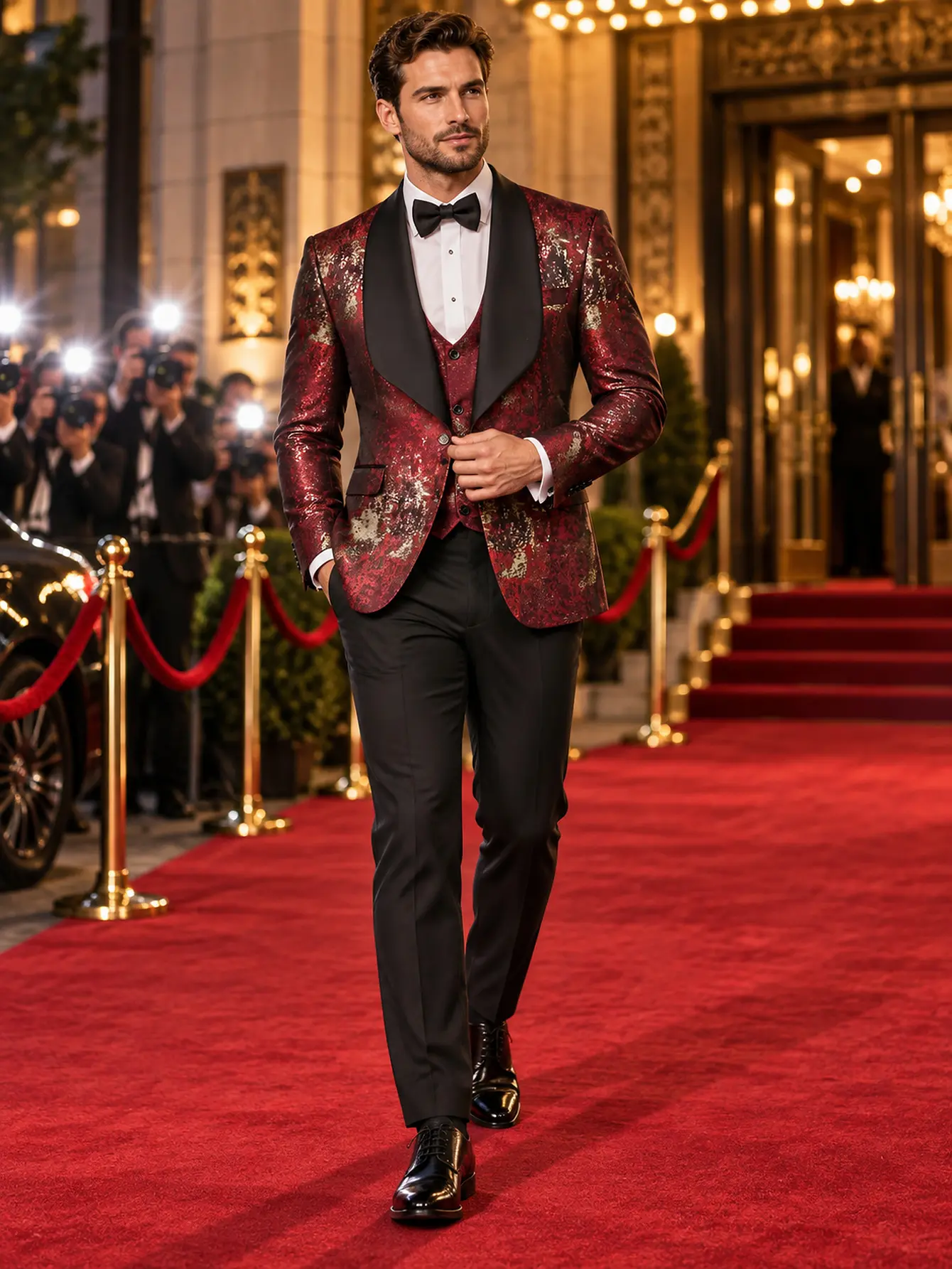 Men's 3-Piece Suit Set - Fitted Paisley Floral Jacquard Tuxedo Blazer, Vest, Pants for Weddings, Proms