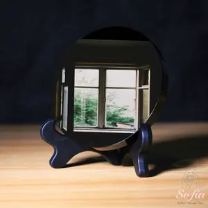 SofiaDesignsBoutique Natural Black Obsidian Mirror Handmade 4 Inch Scrying Plate with Stand for Desk Shelf or Altar Decorative Crystal Specimen Gift