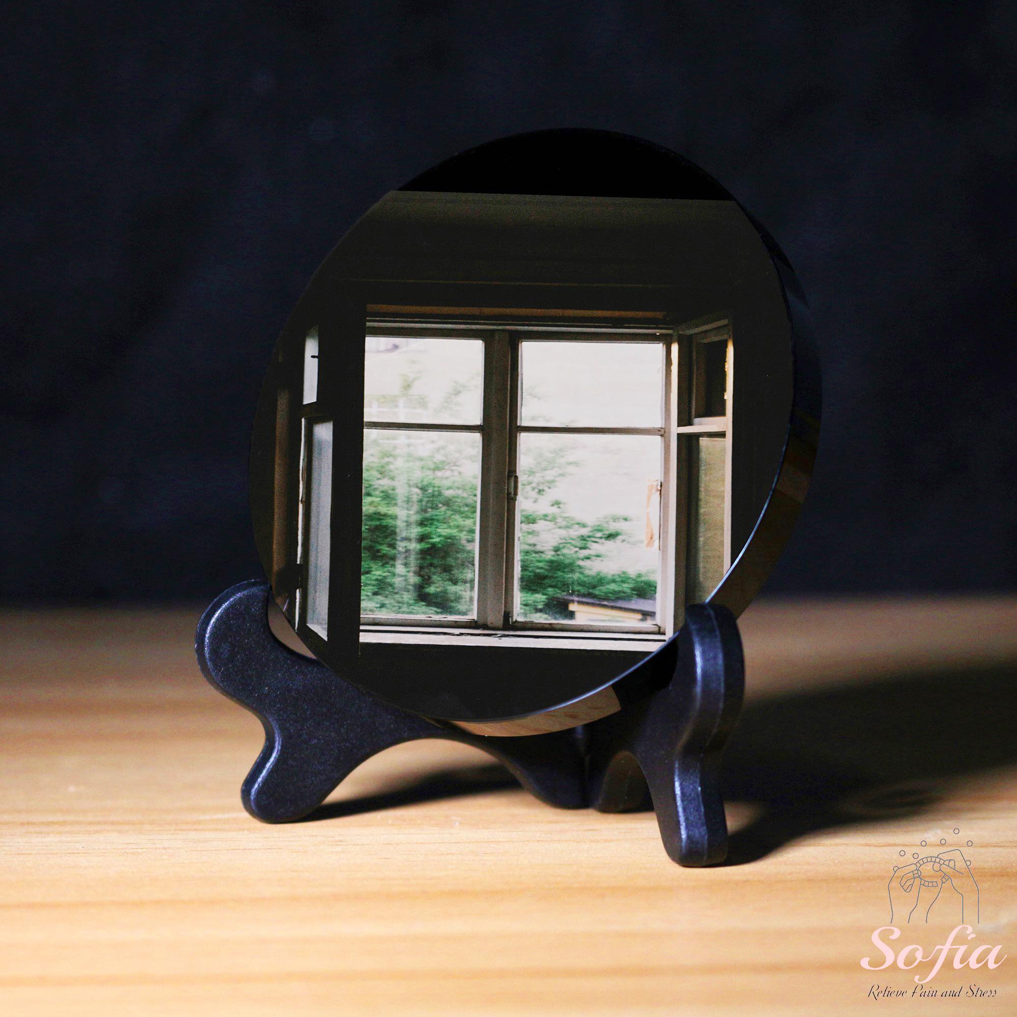 SofiaDesignsBoutique Natural Black Obsidian Mirror Handmade 4 Inch Scrying Plate with Stand for Desk Shelf or Altar Decorative Crystal Specimen Gift
