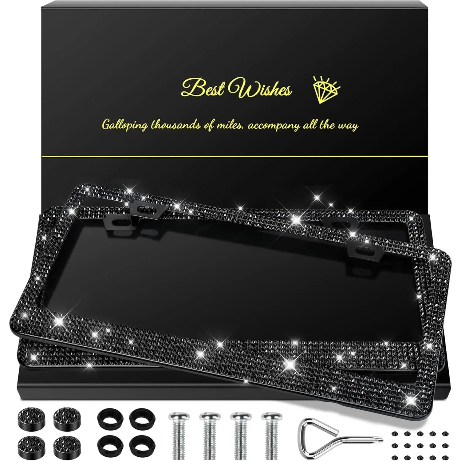 Women's 2-Pack Bling Car Plate Frames, Sparkly Rhinestone Stainless Steel Automotive Exterior Accessories with Glitter Caps, Weatherproof Wear-Resistant Fittings (Black)