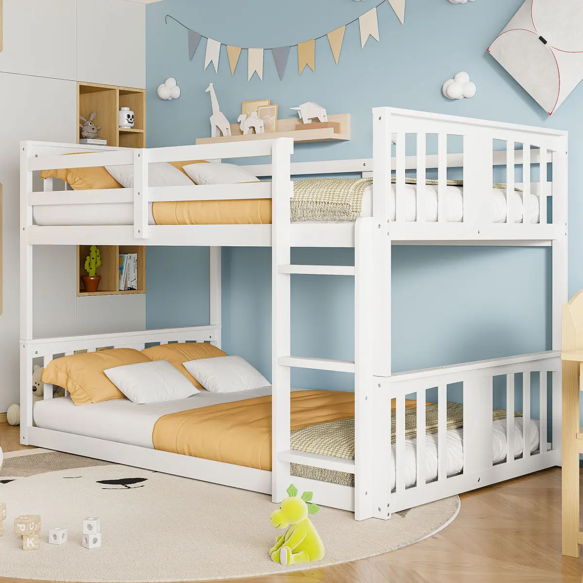 Twin Over Twin Low Bunk Bed with Ladder, Wooden Floor Bunk Bed Frame, White