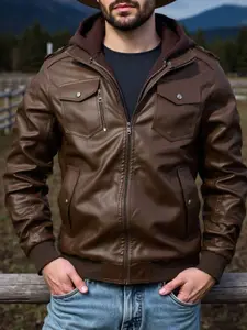 New hooded men's synthetic leather motorcycle jacket, second-hand bicycle rider bomber military jacket, leather jacket, leather jacket, leather jacket