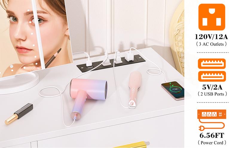 Unikito 35.8" Vanity Desk with Power Outlet, White and Black Makeup Dressing Table with Mirror and Lights, Ample Storage Space small room vanity