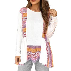Women's White Western Aztec Print Patchwork Ruffled Tunic Long Sleeve Babydoll Top