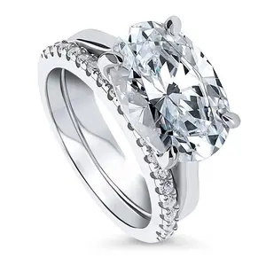 BERRICLE Sterling Silver Solitaire East-West Engagement Rings Statement Stackable Band for Women, 5.5 Carat Oval Cut Cubic Zirconia CZ Ring Set