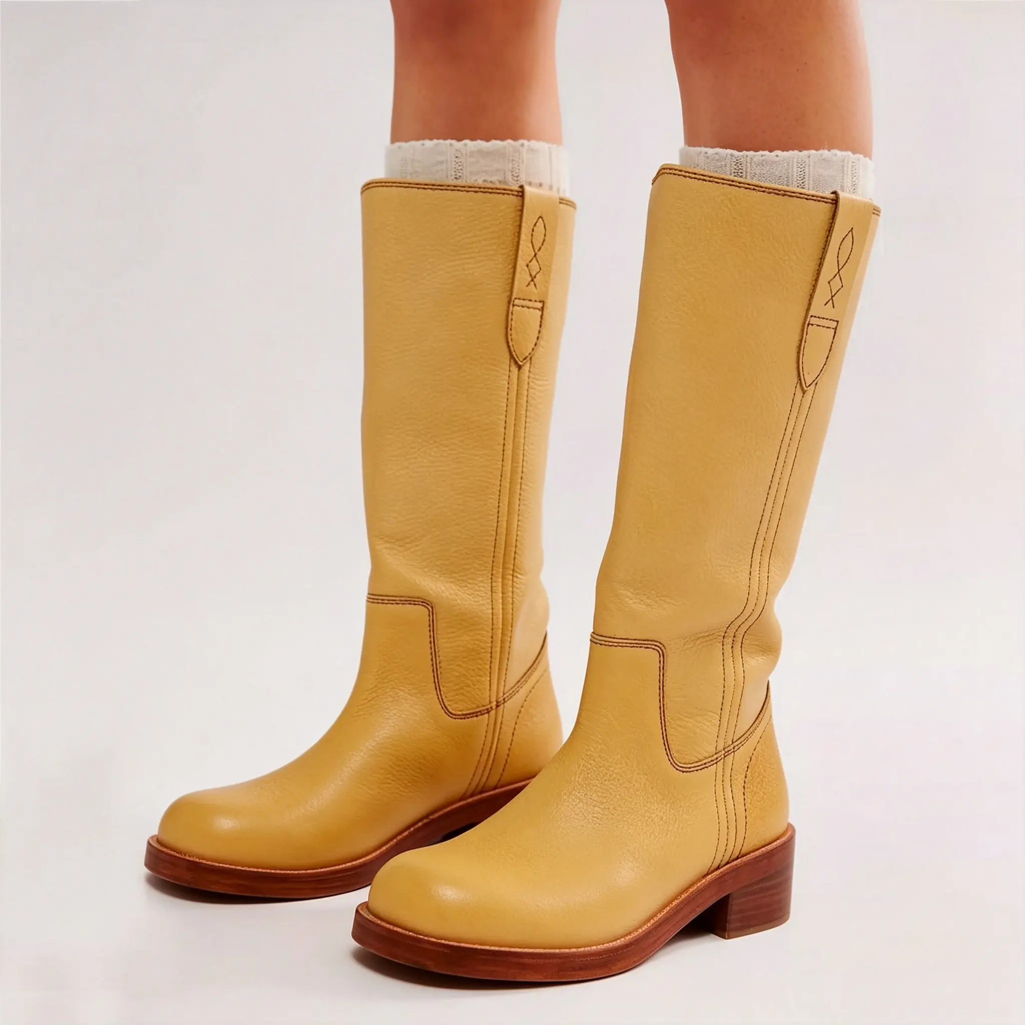 Vintage Knee High Boots for Women, Square Toe Banane Long Riding Boots Chunky Block Heel Comfortable Wide Calf Pull On Campus Boot