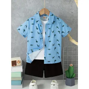 Boys' Summer Casual Outing Collar Short Sleeve Printed Dinosaur Pattern Regular Fit Top and Shorts Two-Piece Set
