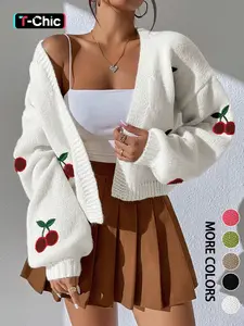 Women's Cherry Embroidery   Sweater Cardigan, Casual Long Sleeve Open Front Knit Cardigan for Spring & Fall, Fashion Women's Knit Clothing Knitwear for Daily Wear, Tops, Cherry Pattern Cardigan