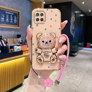 M22 Colorful Spotted Bear Plating Lucky Clover Strap Lanyard Phone Holder Case with Elegant Cover Compatible with For Samsung Galaxy M22