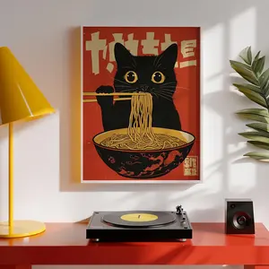 Vintage Animal Eating Ramen Noodles Poster Unframed, Funny Black Cat Wall Art, Kitchen Decor, Japanese Inspired Cat Art Print, Unique Cat Lover Gift