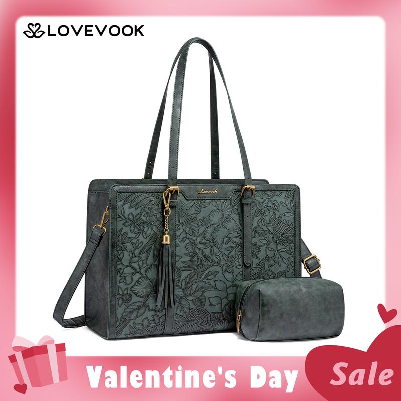 【Valentine's Day Gift】LOVEVOOK Canvas Laptop Tote Bag 15.6 & 17.3 inches for Women with Clutch Purse, Lightweight Tote Bag with 2 Cup Holder, Purses for Women, Computer bag for Work, Office, Casual.  TikTokShopJumpstartSale