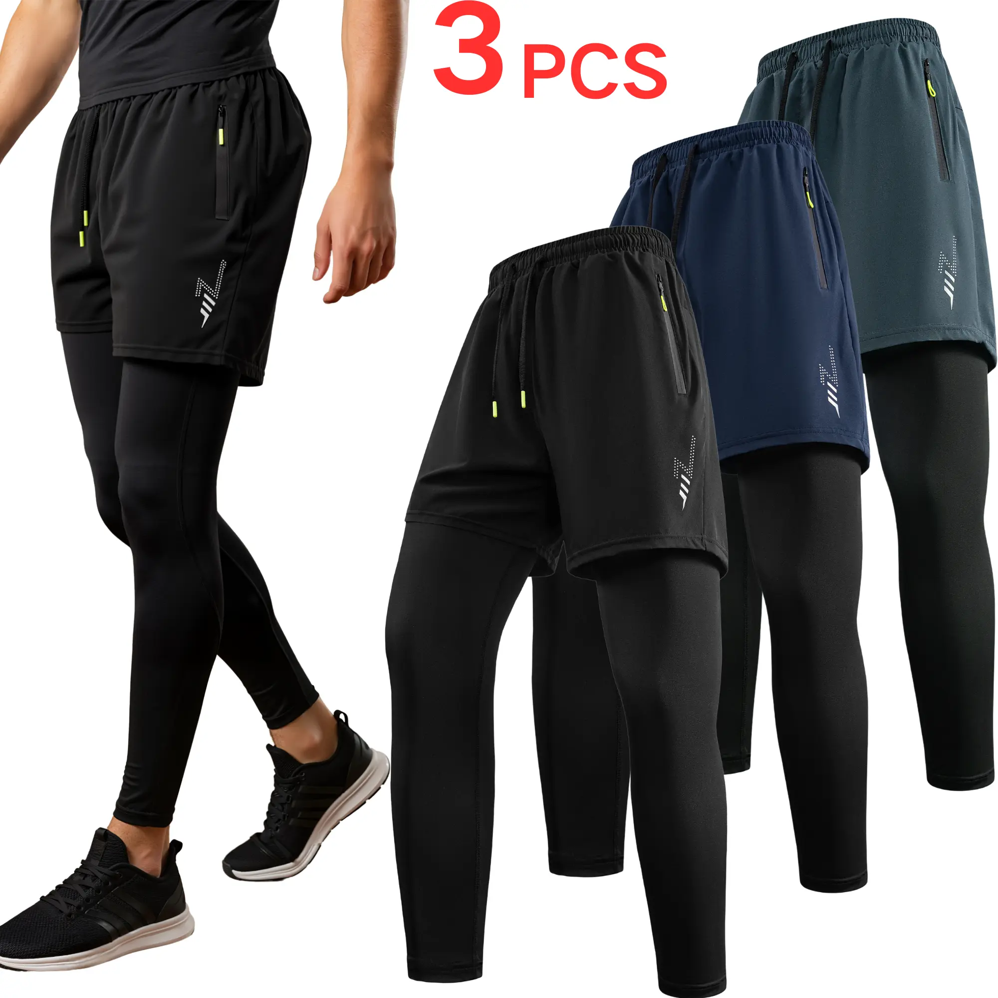 Men’s 3-pack faux two-piece athletic pants—American-style quick-dry double-layer running training pants that are breathable and prevent exposure for outdoor fitness. Suitable for running, commuting, training, and more; effortlessly create a professional a