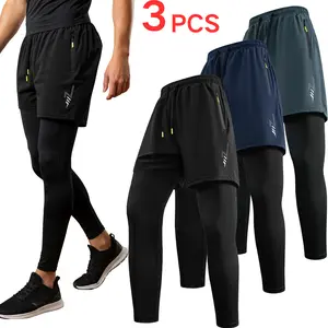 Men’s 3-pack faux two-piece athletic pants—American-style quick-dry double-layer running training pants that are breathable and prevent exposure for outdoor fitness. Suitable for running, commuting, training, and more; effortlessly create a professional a