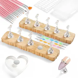 Nail Art Kit with 20Pcs Brushes, Stand for Press On Nails Art Display Practice 2 Sets, 1 Heart Shaped Acrylic Magnetic Nail Stands, Fake Nail Holder Tips With 200 PCS Double-Sided Tape