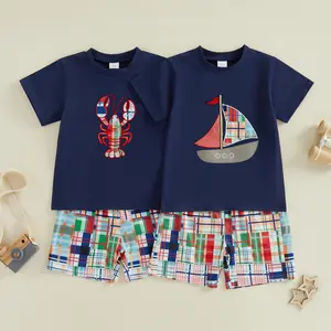 Kupretty Kids Toddler Baby Boys Summer Outfits Set Lobster/Sailboat Embroidery Short Sleeve Tops T shirt and Plaid Shorts 2pcs Clothing Set 6M-4Y