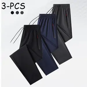 3-Pack Men's Quick Dry Straight Leg Pants, Zipper Pocket Drawstring Waist Casual Athletic Track Pants for Summer