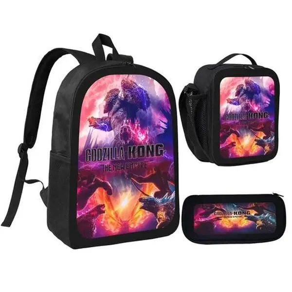 Godzilla Backpack Set, 3pcs Dinosaur Backpack, Schoolbag 3 Piece Set, Cartoon Teens Backpack