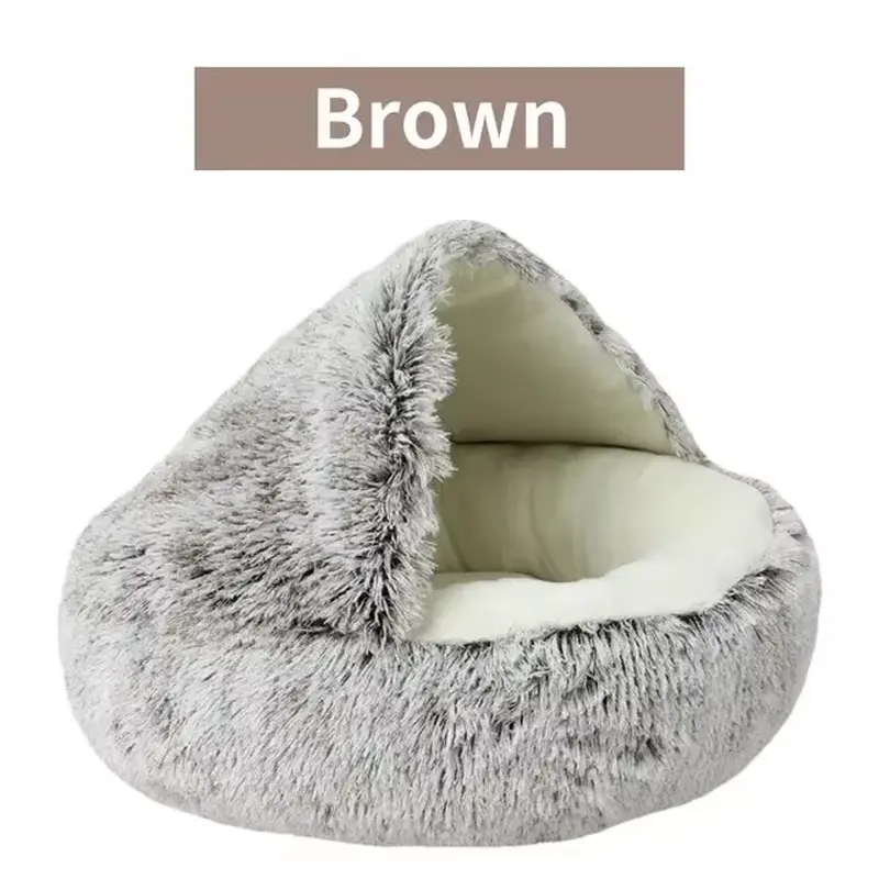 Plush Hooded Pet Bed Round Fluffy Soft 2-in-1 Sleeping Nest for Small Dogs in Gray, Brown, and Pink - Lightweight, Easy to Clean
