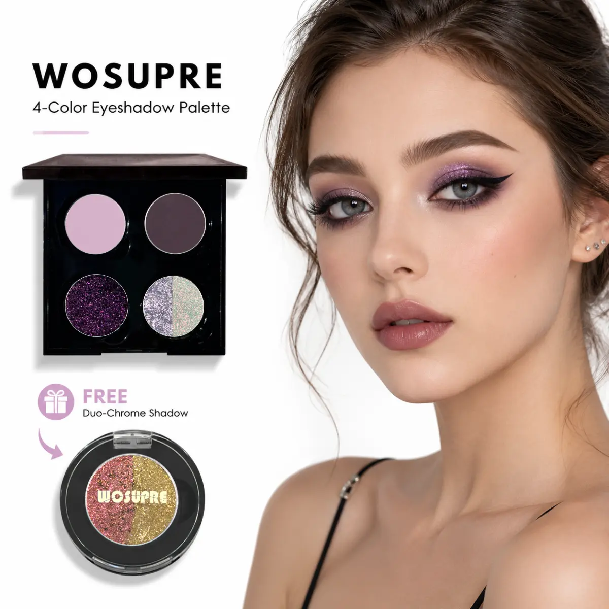 Pressed Glitter Eyeshadow Quad Palette, Long-Lasting Shimmer and Shine in Solid Purple Tones, Hypoallergenic Cosmetic for Daily/Pro Looks, 3 Years, Adults, Multi-Pack