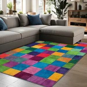 Colorful Patchwork Pattern Rug, Non-slip Soft Floor Mat, Decorative Carpet for Home Living Room Bedroom Study Room, Vanity Decor Accessories