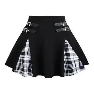Gothic Plaid A-line Mini Skirt with Adjustable Strap - High Waist, Black and Purple Color Block, Women's Polyester Knit, for Autumn/Winter Fashion Fabric Elegant