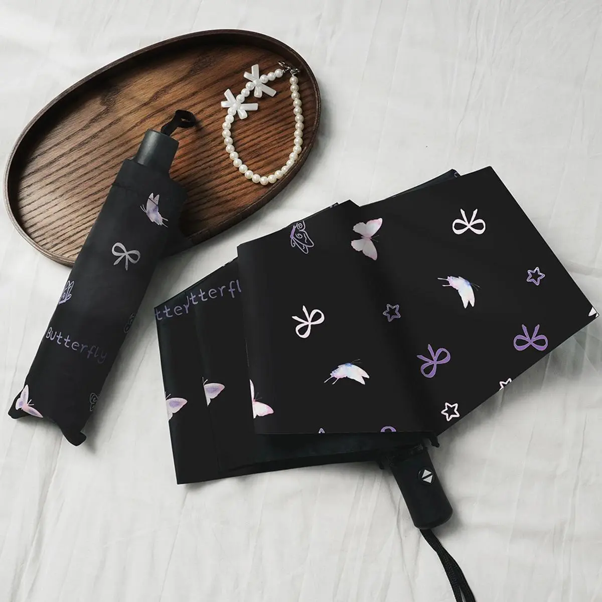 Women's Butterfly Print Polyamide Rain/Sun Umbrella - UV-Resistant, Lightweight, Portable, Foldable Home Supplies Umbrella