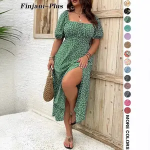 Floral Print Puff Sleeve Split Casual Dress