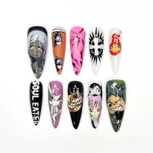 Long Stiletto Glossy Anime Comic Press-On Nails — Hand-Painted Goth Cartoon Art Set J04Q