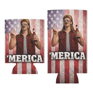 Funny ‘MERICA Beer Sleeve | Patriotic Mullet man Can Cooler | USA Party Drink Holder | Fits 12–16oz Cans & Bottles | Double Sided Neoprene