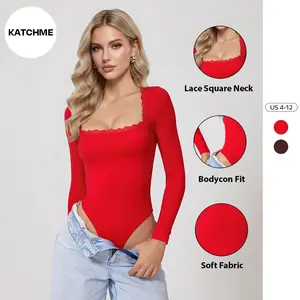 KatchMe Women's Workout Solid Color Lace Trim Long Sleeve Seamless Bodysuit, Stretchy Sport & Outdoor Clothing, Versatile Gymclothing, Shapewear Bodysuit