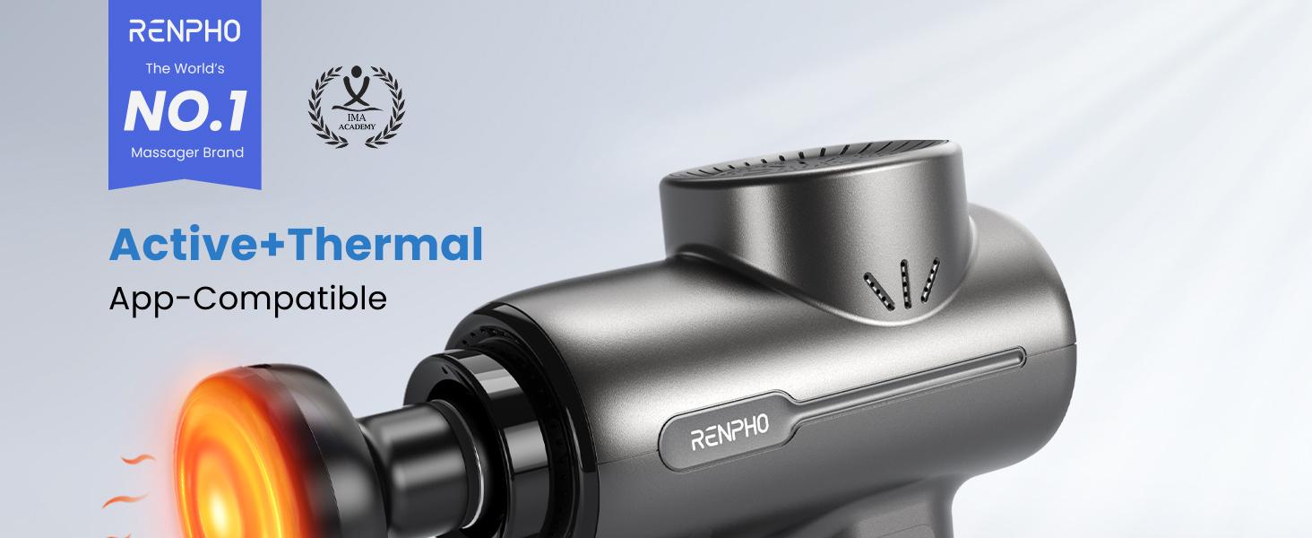 RENPHO Active+ Thermacool Massage Gun, Heat and Cold, App, Video Tutorials, Handheld Percussion Massager, Deep Tissue Muscle Relaxation, 5 Speeds, 5 Heads, Carry Case, For Starters and Fitness Lovers