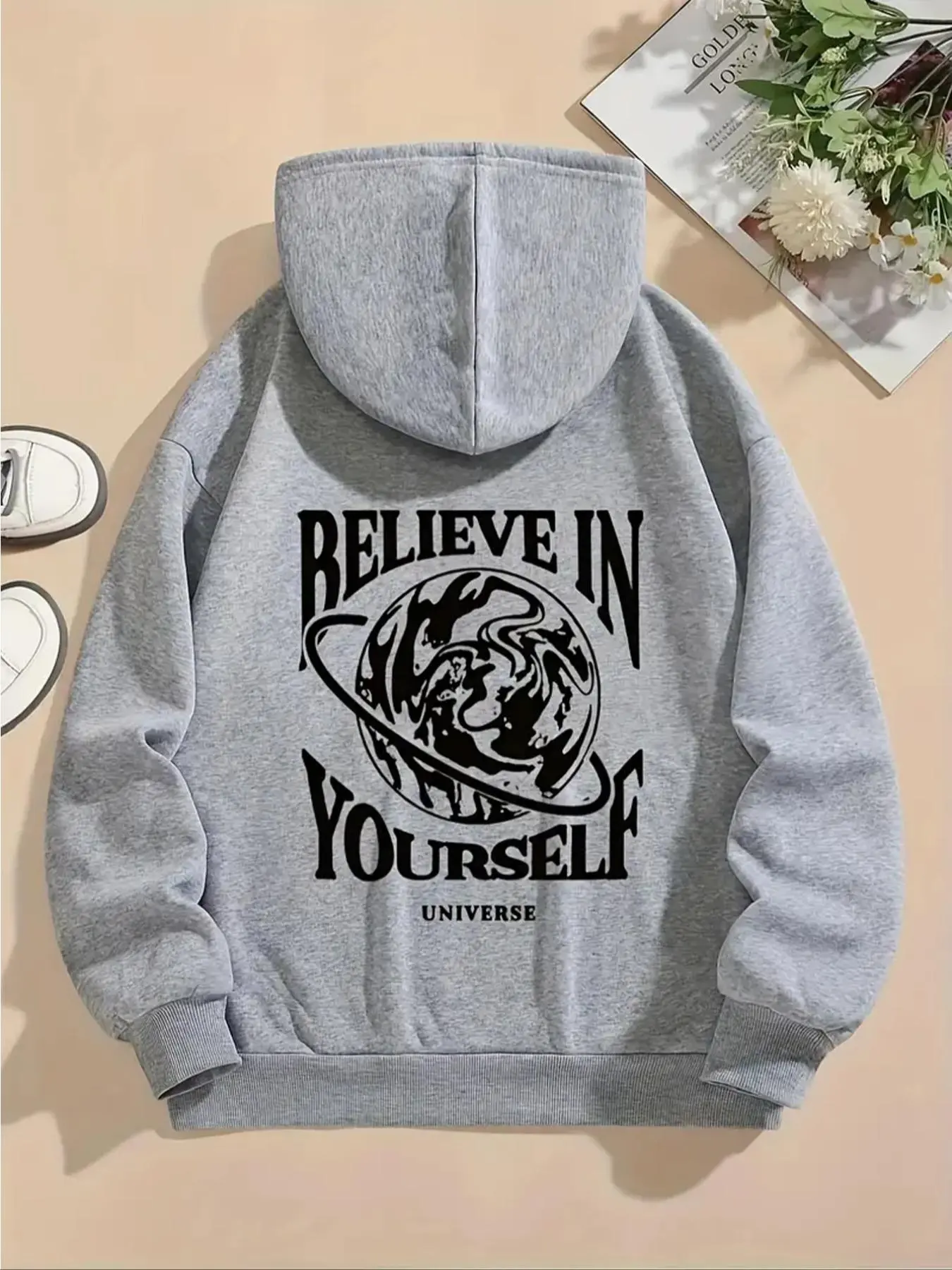 【Plus Size】 Letter & Planet Print Drop Shoulder Hoodie, Fashion Casual Drawstring Pocket Hooded Sweatshirt for Daily Holiday Outdoor Wear, Women Clothing for Fall & Winter
