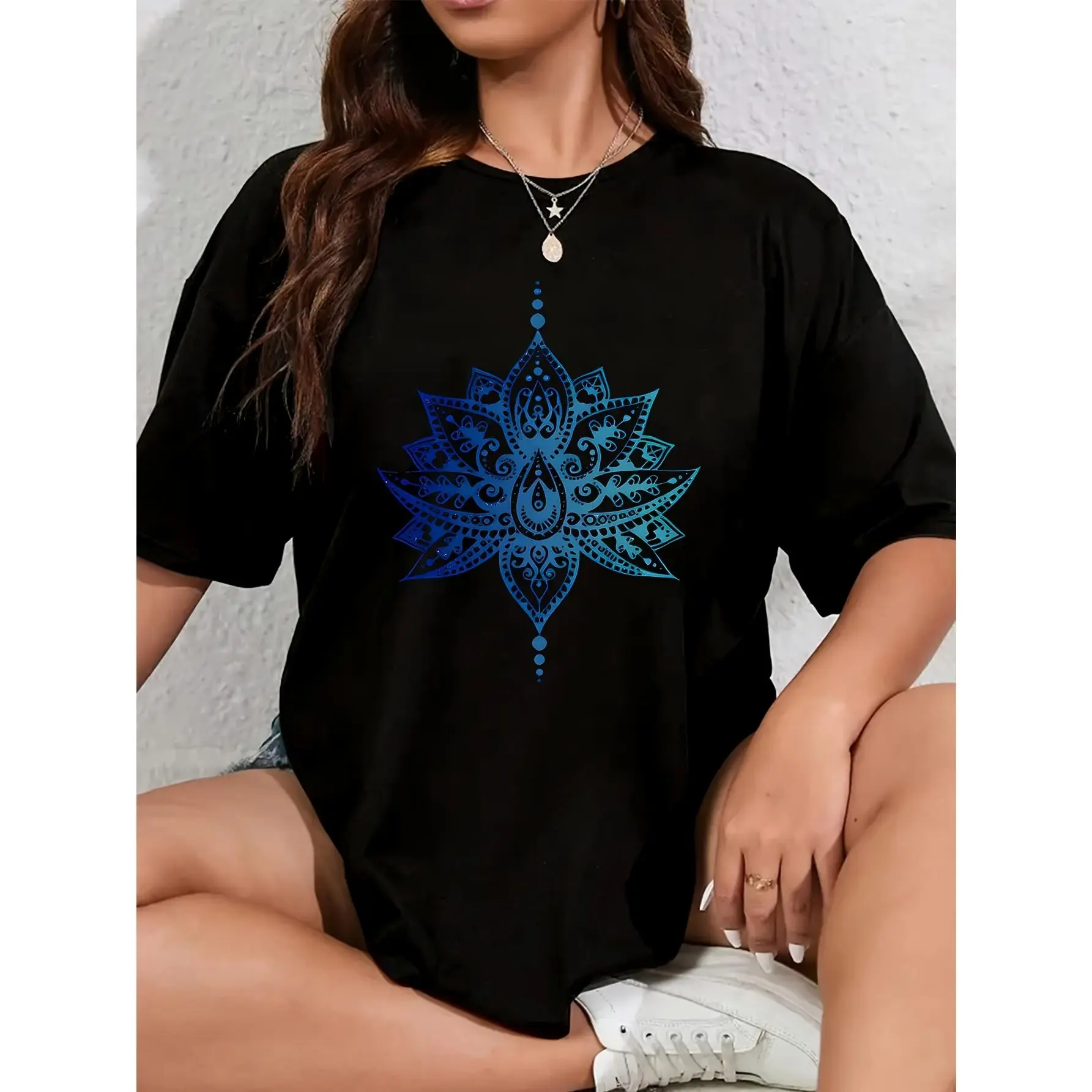 Women's Plus Size Round Neck Short Sleeve Oversized Polyester Mandala Print Casual Graphic T-Shirt Top