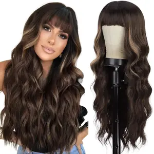 26Inch Brown Mixed Blonde Long Wavy Ginger Wig with Bangs Natural Looking Heat Resistant Synthetic Curly Full Wigs for Women Daily Use