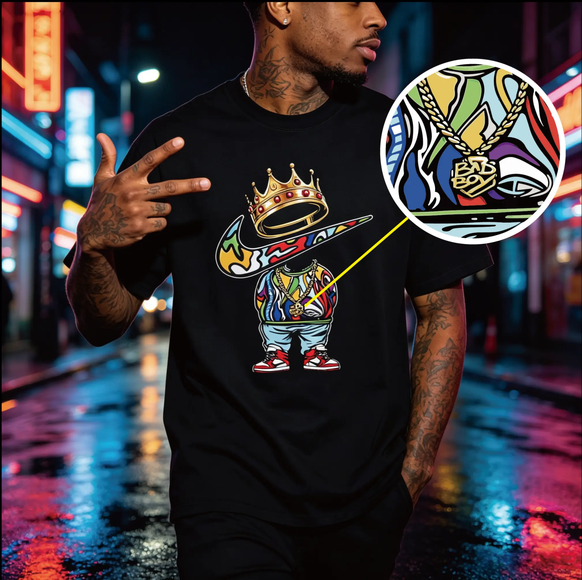 Graffiti Hip Hop Bad Boy Crown Sneaker Character T-Shirt, Vintage Old School Streetwear Graphic Tee, Casual Short Sleeve Shirt For Men Hipster Rap Urban Street Style sohochic