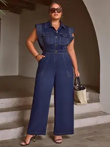 【Plus Size】 Denim-Effect Print Jumpsuit, Casual Sleeveless Jumpsuit for Daily Wear, Women's Plus Size Clothing for Summer