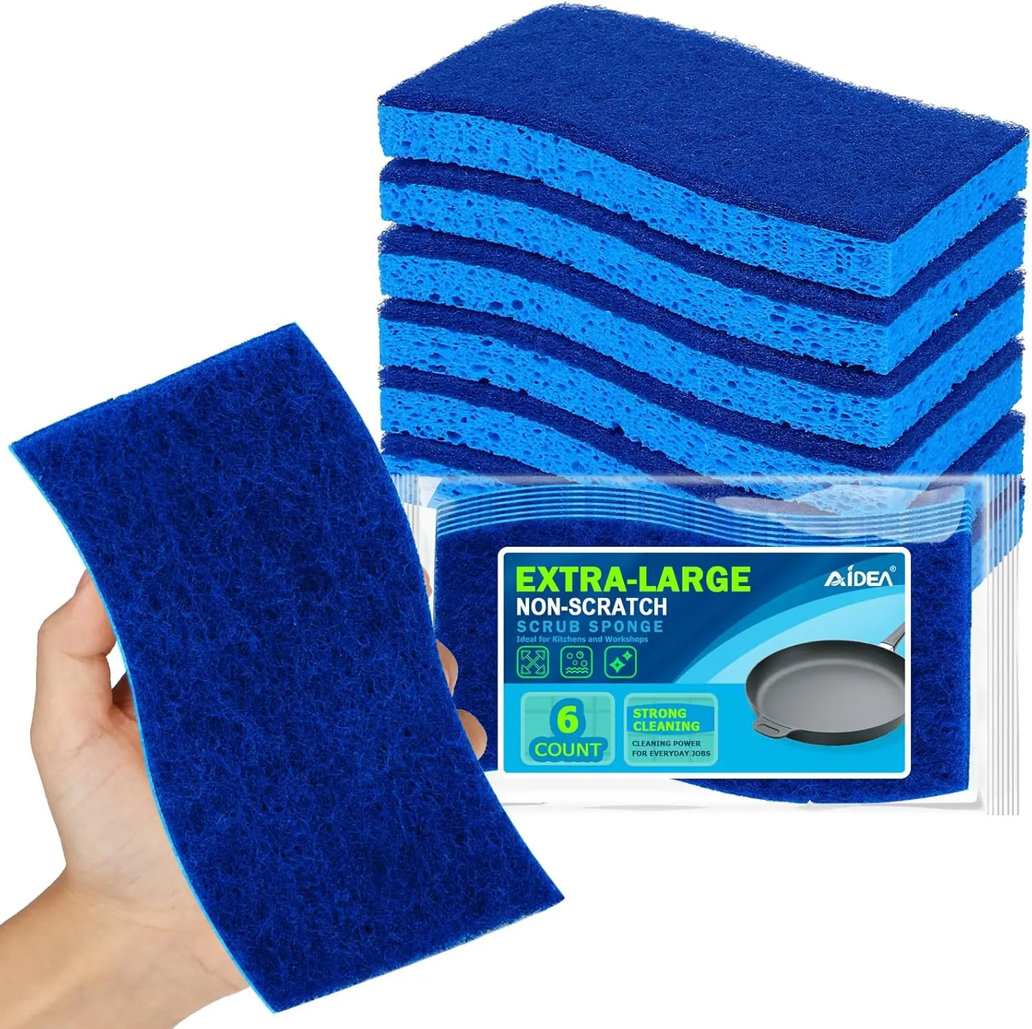 AIDEA XL Non-Scratch Scrub Sponges 6 Count Extra Large Kitchen Sponges for Dishes & Non-Stick Cookware Value Pack Enhanced Cleaning Efficiency